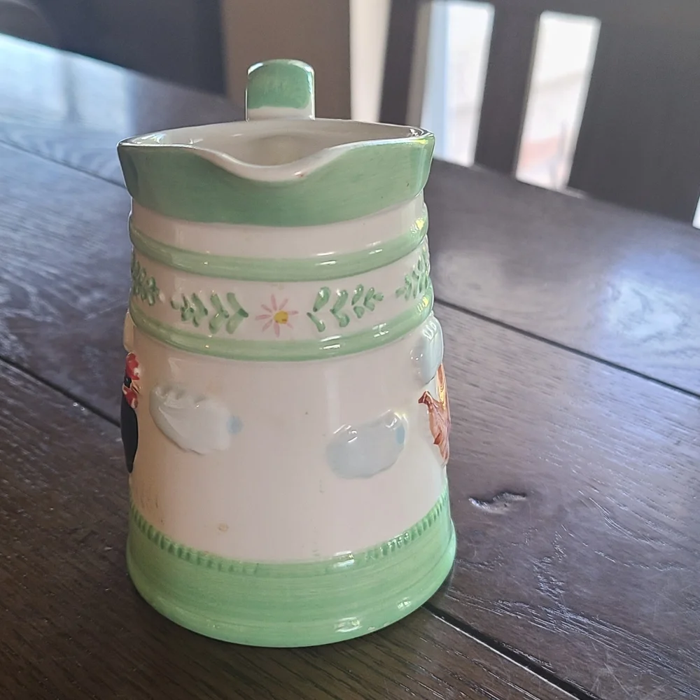 Vintage 1982 Green Ware Andrea West small pitcher/creamer with chickens🐣